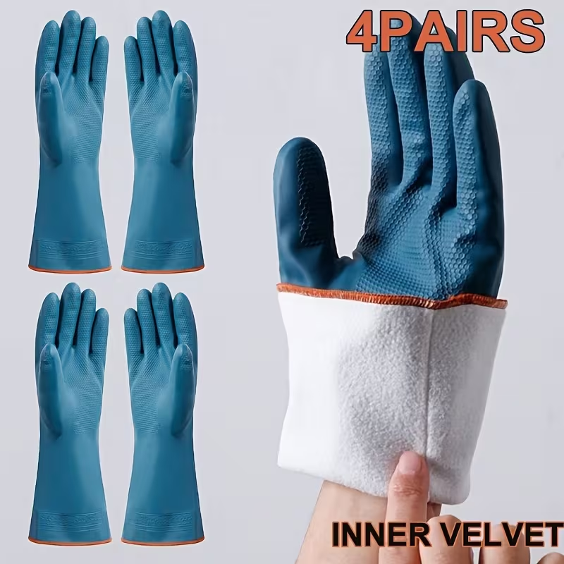 4-Pair Pack of Rubber Gloves, Kitchen Dishwashing Gloves, Thick Lined Laundry Gloves