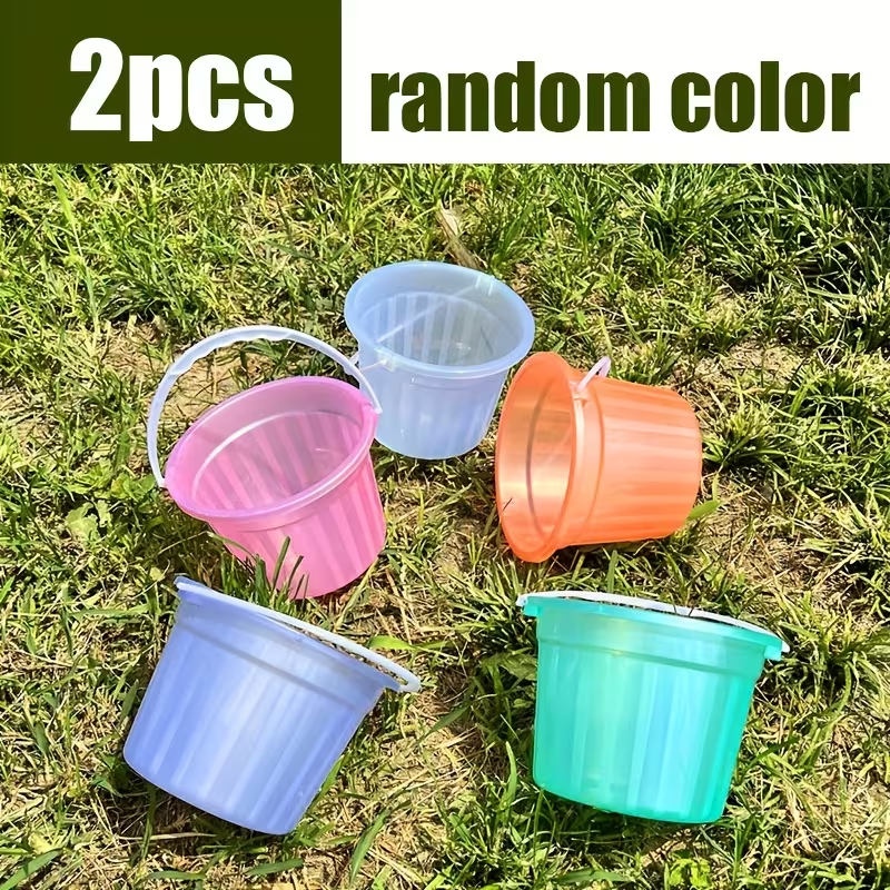 Two colorful, translucent mini buckets, handheld plastic buckets