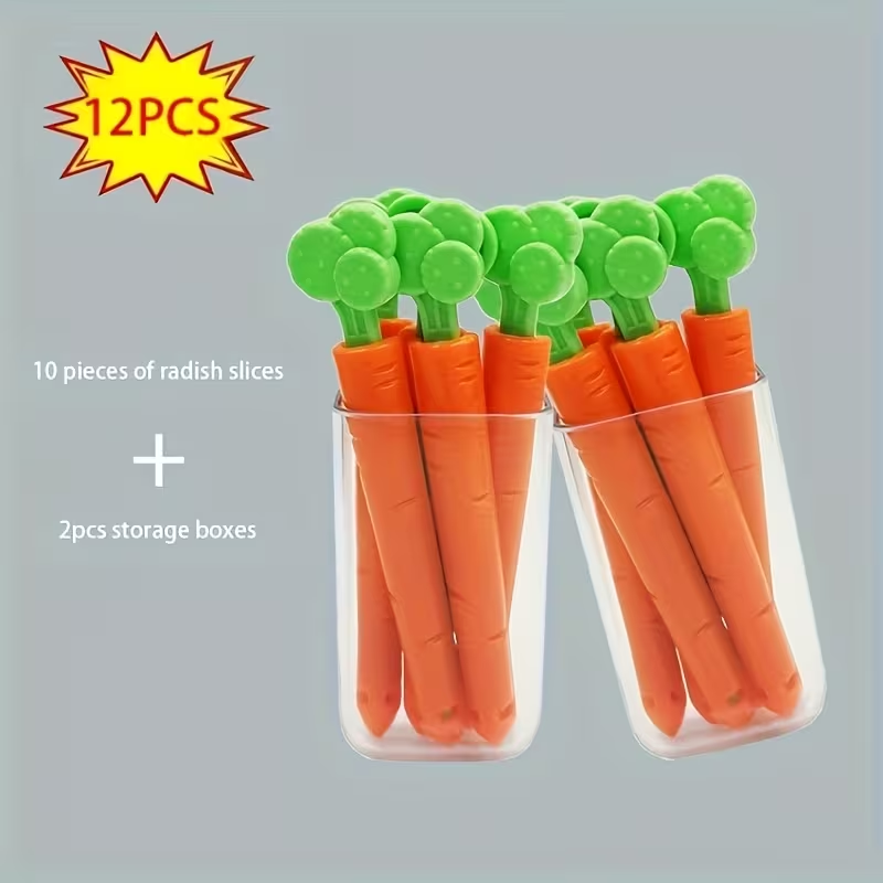 12-pack of magnetic carrot-shaped plastic clips - non-food contact