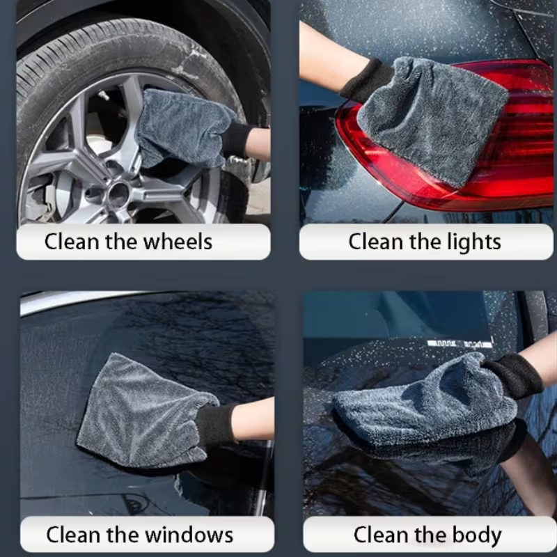 Cleaning gloves for car windows, reusable and washable.
