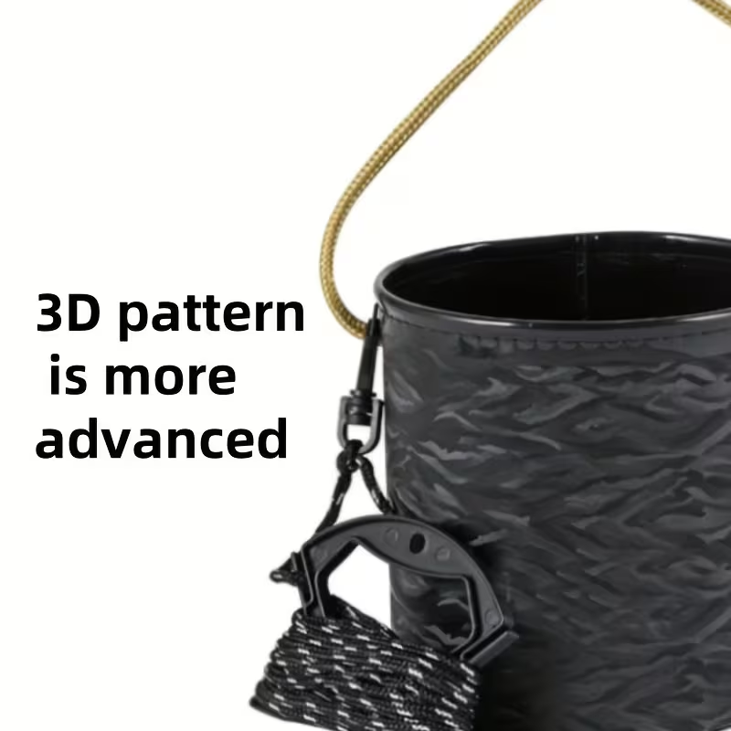 This collapsible bucket features a 3D design and is a portable plastic container.