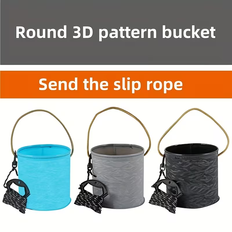 This collapsible bucket features a 3D design and is a portable plastic container.