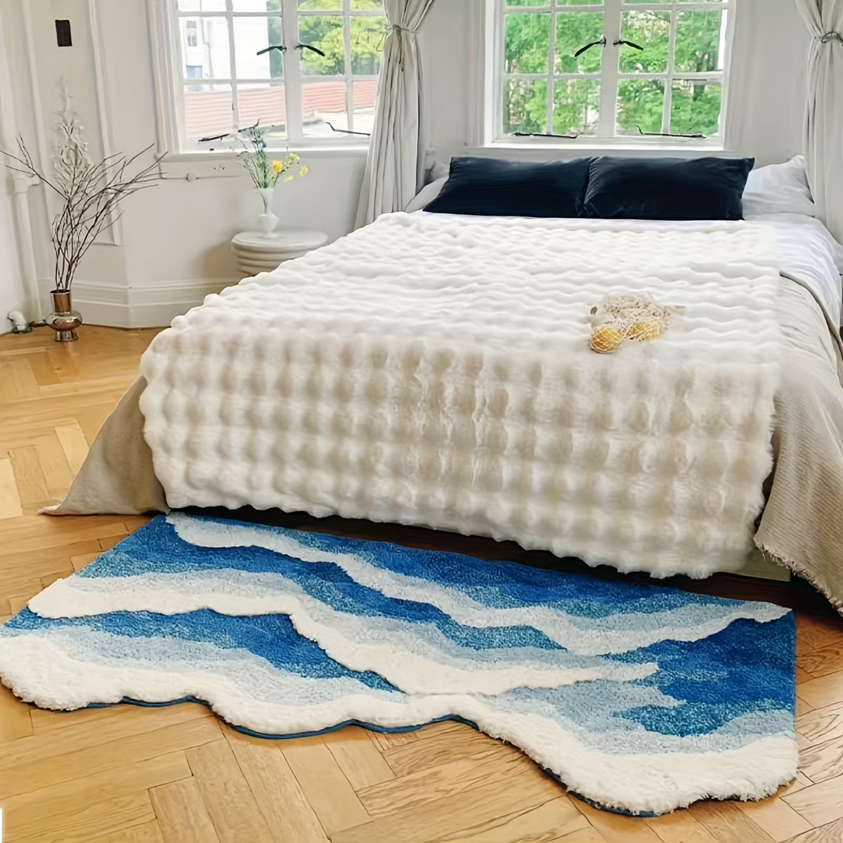 1850g/m² thickened dense flocked carpet, TPR non-slip backing, ocean-themed pattern.