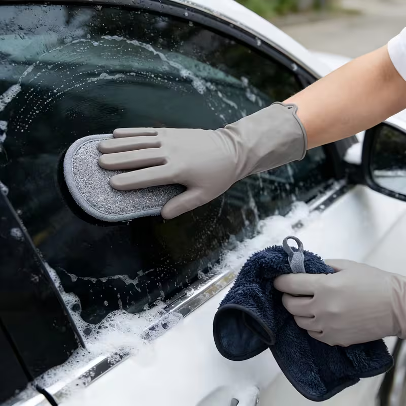 Car cleaning kit - silicone gloves, double-sided microfiber sponge, and car wash towel