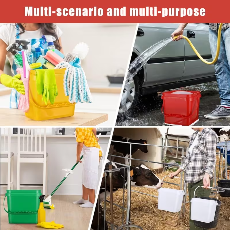Two plastic buckets, square cleaning buckets, practical small buckets with handles.