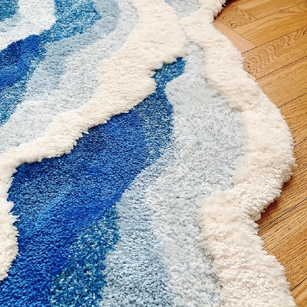1850g/m² thickened dense flocked carpet, TPR non-slip backing, ocean-themed pattern.