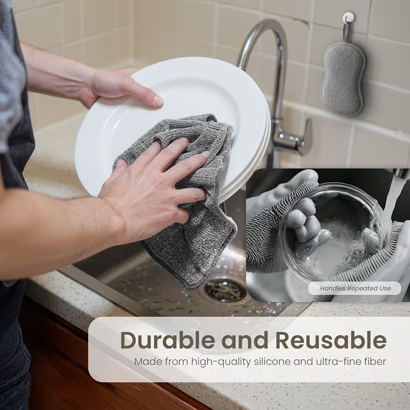 Car cleaning kit - silicone gloves, double-sided microfiber sponge, and car wash towel