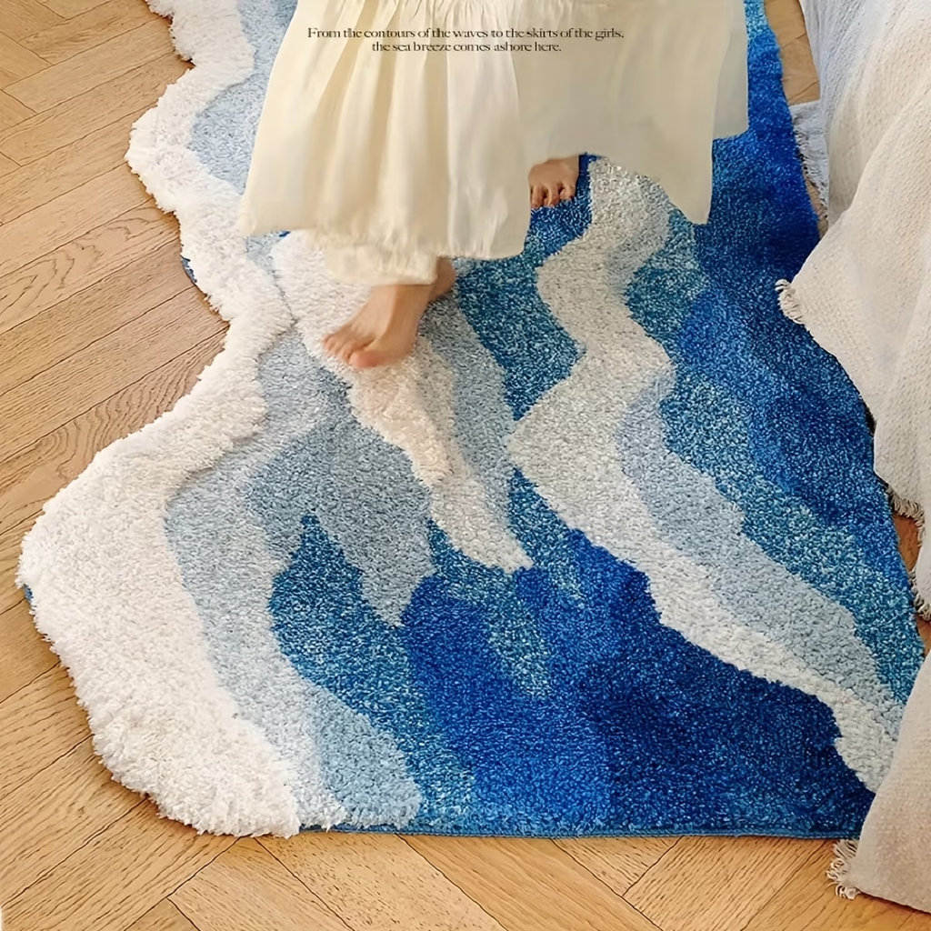 1850g/m² thickened dense flocked carpet, TPR non-slip backing, ocean-themed pattern.