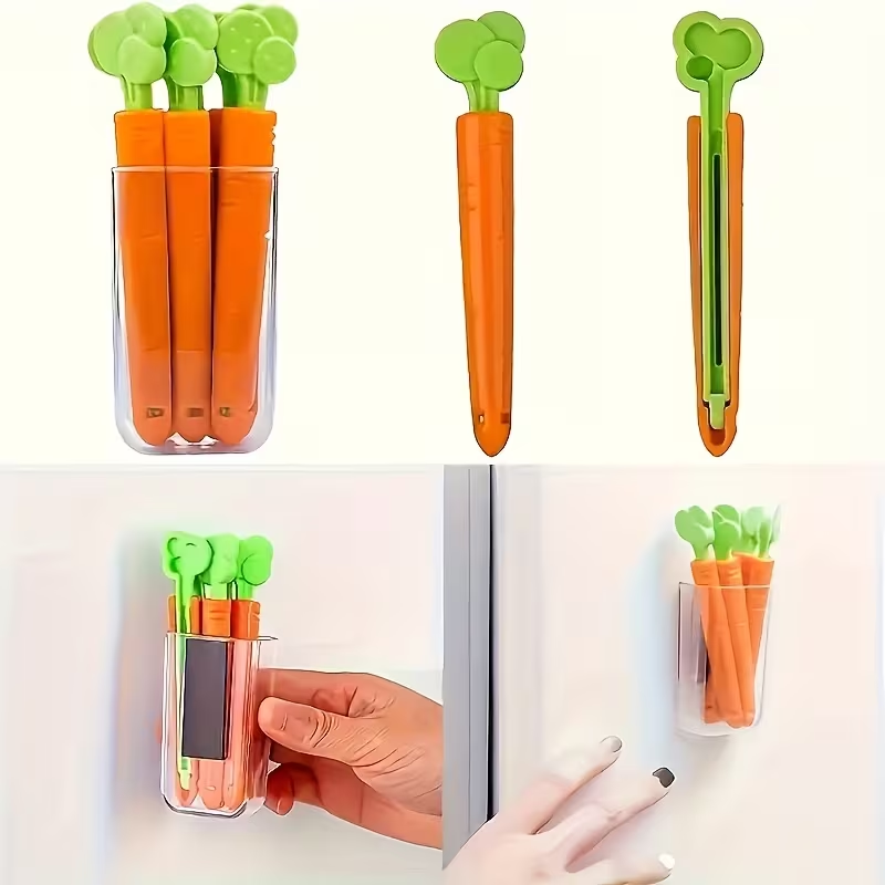 12-pack of magnetic carrot-shaped plastic clips - non-food contact
