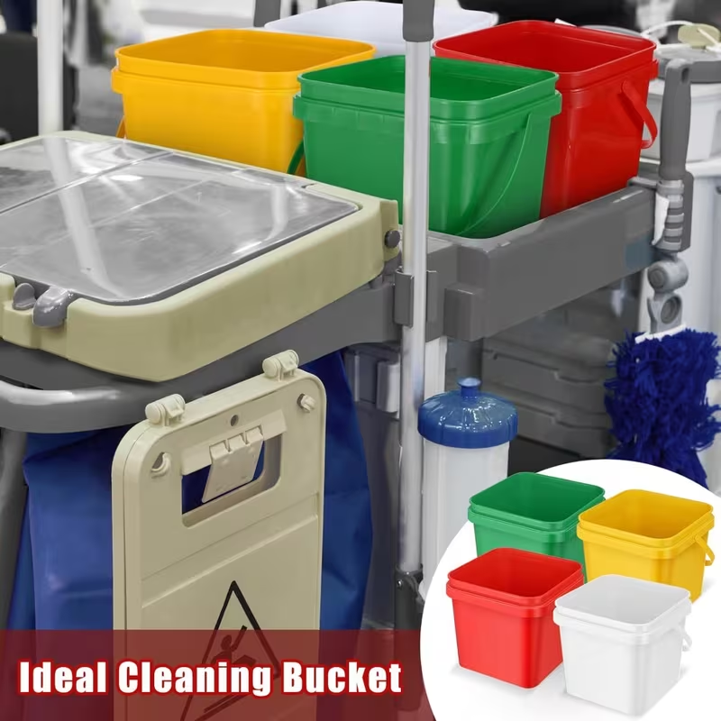 Two plastic buckets, square cleaning buckets, practical small buckets with handles.