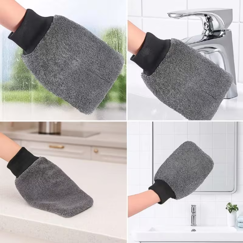 Cleaning gloves for car windows, reusable and washable.