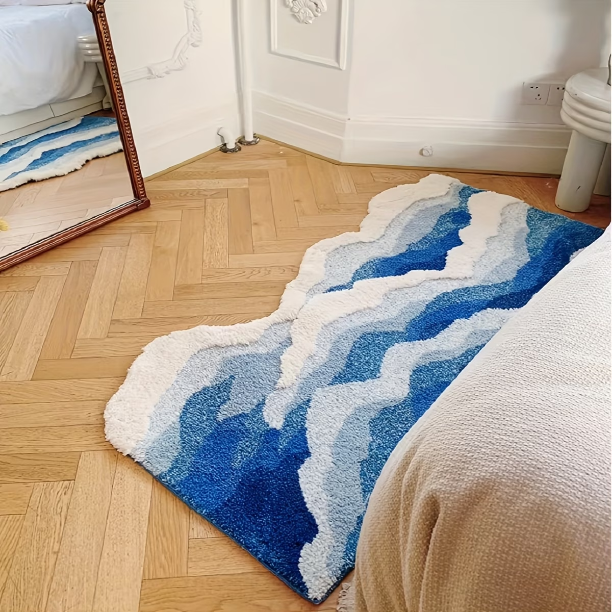 1850g/m² thickened dense flocked carpet, TPR non-slip backing, ocean-themed pattern.